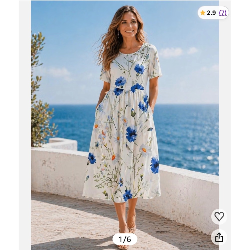 Floral Midi Dress Short Sleeve Pockets White Blue Daisy Botanical Medium